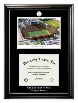 University of Iowa College of Business Double Opening with Campus Image (Stacked) Frame in Classic Ebony with Silver Trim with Black & Silver Mats for document: 8 1/2"h x 11"w  