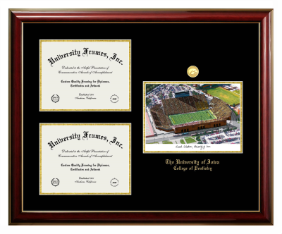 University of Iowa College of Dentistry Triple Opening with Campus Image Frame in Classic Mahogany with Gold Trim with Black & Gold Mats for document: 8 1/2"h x 11"w  , document: 8 1/2"h x 11"w  