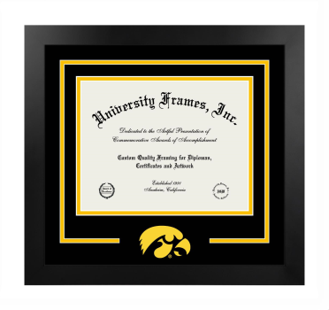 University of Iowa University College Logo Mat Frame in Manhattan Black with Black & Amber Mats for document: 8 1/2"h x 11"w  