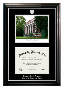 University of Oregon School of Music and Dance Double Opening with Campus Image (Stacked) Frame in Classic Ebony with Silver Trim with Black & Silver Mats for document: 8 1/2"h x 11"w  