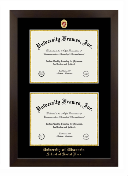 University of Wisconsin (Madison) School of Social Work Double Diploma Frame in Manhattan Espresso with Black & Gold Mats for document: 8 1/2"h x 11"w  , document: 8 1/2"h x 11"w  