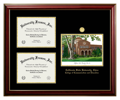 California State University, Chico College of Communication and Education Triple Opening with Campus Image Frame in Classic Mahogany with Gold Trim with Black & Gold Mats for document: 8 1/2"h x 11"w  , document: 8 1/2"h x 11"w  