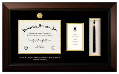 New York University Robert F. Wagner Graduate School of Public Service Diploma with Announcement & Tassel Box Frame in Legacy Black Cherry with Black & Gold Mats for document: 8 1/2"h x 11"w  , diploma: 7"h x 4"w  