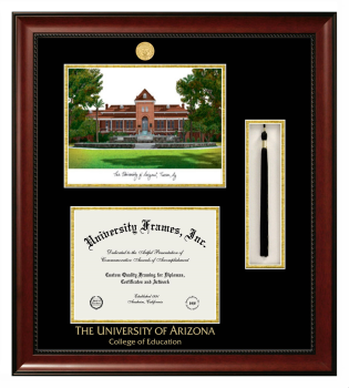 University of Arizona College of Education Double Opening with Campus Image & Tassel Box (Stacked) Frame in Avalon Mahogany with Black & Gold Mats for document: 8 1/2"h x 11"w  
