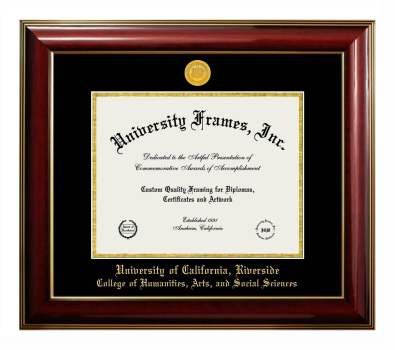 University of California Riverside College of Humanities, Arts, and Social Sciences Diploma Frame in Classic Mahogany with Gold Trim with Black & Gold Mats for document: 8 1/2"h x 11"w  