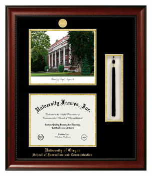 University of Oregon School of Journalism and Communication Double Opening with Campus Image & Tassel Box (Stacked) Frame in Avalon Mahogany with Black & Gold Mats for document: 8 1/2"h x 11"w  
