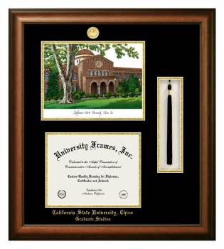 California State University, Chico Graduate Studies Double Opening with Campus Image & Tassel Box (Stacked) Frame in Satin Walnut with Black & Gold Mats for document: 8 1/2"h x 11"w  