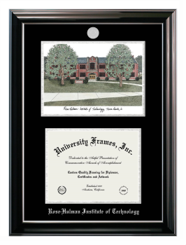 Rose-Hulman Institute of Technology Double Opening with Campus Image (Stacked) Frame in Classic Ebony with Silver Trim with Black & Silver Mats for document: 8 1/2"h x 11"w  