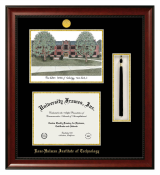 Rose-Hulman Institute of Technology Double Opening with Campus Image & Tassel Box (Stacked) Frame in Avalon Mahogany with Black & Gold Mats for document: 8 1/2"h x 11"w  