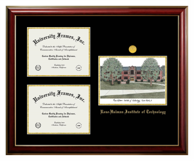 Rose-Hulman Institute of Technology Triple Opening with Campus Image Frame in Classic Mahogany with Gold Trim with Black & Gold Mats for document: 8 1/2"h x 11"w  , document: 8 1/2"h x 11"w  