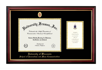 University of Wisconsin (Madison) School of Journalism and Mass Communication Diploma with Announcement Frame in Petite Mahogany with Gold Trim with Black & Gold Mats for document: 8 1/2"h x 11"w  , diploma: 7"h x 4"w  