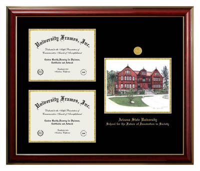 Arizona State University School for the Future of Innovation in Society Triple Opening with Campus Image Frame in Classic Mahogany with Gold Trim with Black & Gold Mats for document: 8 1/2"h x 11"w  , document: 8 1/2"h x 11"w  