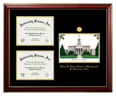 Henry B. Tippie School of Management University of Iowa Triple Opening with Campus Image Frame in Classic Mahogany with Gold Trim with Black & Gold Mats for document: 8 1/2"h x 11"w  , document: 8 1/2"h x 11"w  
