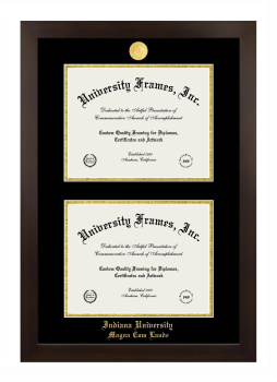Indiana University Magna Cum Laude Double Diploma Frame in Manhattan Espresso with Black & Gold Mats for document: 8 1/2"h x 11"w  , document: 8 1/2"h x 11"w  