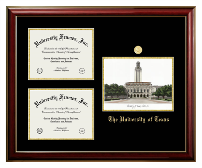 The University of Texas (Austin) Triple Opening with Campus Image Frame in Classic Mahogany with Gold Trim with Black & Gold Mats for document: 8 1/2"h x 11"w  , document: 8 1/2"h x 11"w  