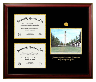 University of California Riverside School of Public Policy Triple Opening with Campus Image Frame in Classic Mahogany with Gold Trim with Black & Gold Mats for document: 8 1/2"h x 11"w  , document: 8 1/2"h x 11"w  