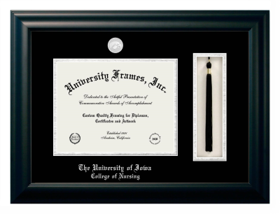 University of Iowa College of Nursing Diploma with Tassel Box Frame in Satin Black with Black & Silver Mats for document: 8 1/2"h x 11"w  