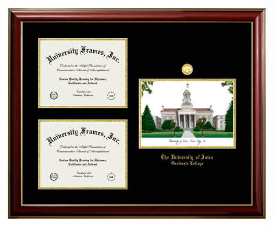 University of Iowa Graduate College Triple Opening with Campus Image Frame in Classic Mahogany with Gold Trim with Black & Gold Mats for document: 8 1/2"h x 11"w  , document: 8 1/2"h x 11"w  