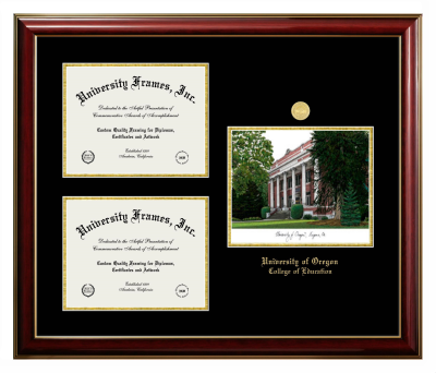 University of Oregon College of Education Triple Opening with Campus Image Frame in Classic Mahogany with Gold Trim with Black & Gold Mats for document: 8 1/2"h x 11"w  , document: 8 1/2"h x 11"w  