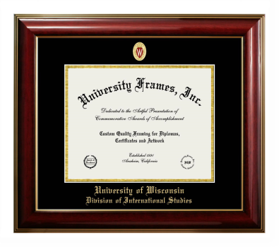University of Wisconsin (Madison) Division of International Studies Diploma Frame in Classic Mahogany with Gold Trim with Black & Gold Mats for document: 8 1/2"h x 11"w  
