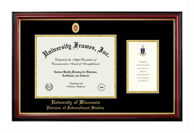 University of Wisconsin (Madison) Division of International Studies Diploma with Announcement Frame in Petite Mahogany with Gold Trim with Black & Gold Mats for document: 8 1/2"h x 11"w  , diploma: 7"h x 4"w  