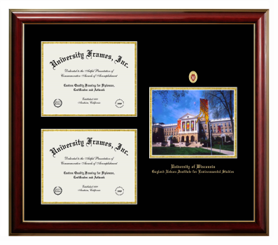 University of Wisconsin (Madison) Gaylord Nelson Institute for Environmental Studies Triple Opening with Campus Image Frame in Classic Mahogany with Gold Trim with Black & Gold Mats for document: 8 1/2"h x 11"w  , document: 8 1/2"h x 11"w  