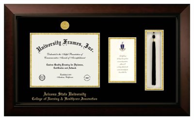 Arizona State University College of Nursing & Healthcare Innovation Diploma with Announcement & Tassel Box Frame in Legacy Black Cherry with Black & Gold Mats for document: 8 1/2"h x 11"w  , diploma: 7"h x 4"w  