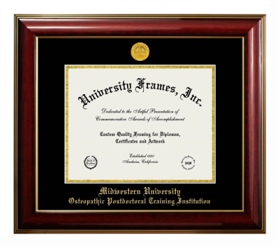 Midwestern University Osteopathic Postdoctoral Training Institution (Downers Grove, IL) Diploma Frame in Classic Mahogany with Gold Trim with Black & Gold Mats for document: 8 1/2"h x 11"w  