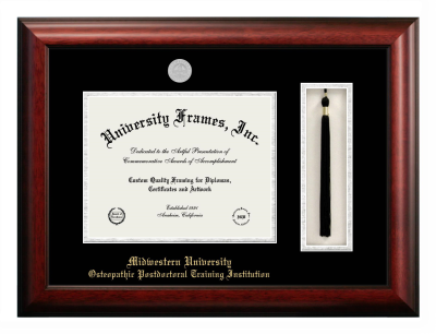 Midwestern University Osteopathic Postdoctoral Training Institution (Downers Grove, IL) Diploma with Tassel Box Frame in Satin Mahogany with Black & Silver Mats for document: 8 1/2"h x 11"w  