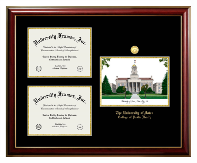 University of Iowa College of Public Health Triple Opening with Campus Image Frame in Classic Mahogany with Gold Trim with Black & Gold Mats for document: 8 1/2"h x 11"w  , document: 8 1/2"h x 11"w  