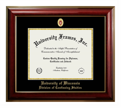 University of Wisconsin (Madison) Division of Continuing Studies Diploma Frame in Classic Mahogany with Gold Trim with Black & Gold Mats for document: 8 1/2"h x 11"w  