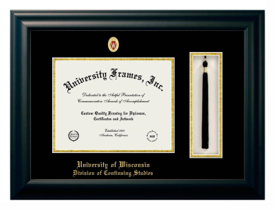 University of Wisconsin (Madison) Division of Continuing Studies Diploma with Tassel Box Frame in Satin Black with Black & Gold Mats for document: 8 1/2"h x 11"w  