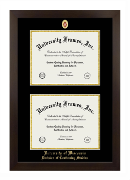 University of Wisconsin (Madison) Division of Continuing Studies Double Diploma Frame in Manhattan Espresso with Black & Gold Mats for document: 8 1/2"h x 11"w  , document: 8 1/2"h x 11"w  