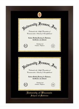 University of Wisconsin (Madison) School of Medicine Double Diploma Frame in Manhattan Espresso with Black & Gold Mats for document: 8 1/2"h x 11"w  , document: 8 1/2"h x 11"w  