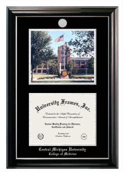 Central Michigan University College of Medicine Double Opening with Campus Image (Stacked) Frame in Classic Ebony with Silver Trim with Black & Silver Mats for document: 8 1/2"h x 11"w  