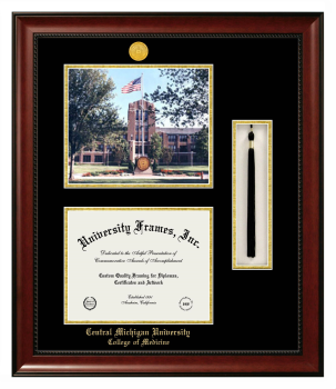 Central Michigan University College of Medicine Double Opening with Campus Image & Tassel Box (Stacked) Frame in Avalon Mahogany with Black & Gold Mats for document: 8 1/2"h x 11"w  