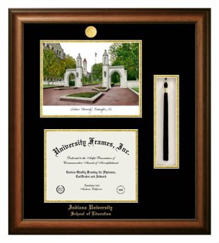 Indiana University School of Education Double Opening with Campus Image & Tassel Box (Stacked) Frame in Satin Walnut with Black & Gold Mats for document: 8 1/2"h x 11"w  