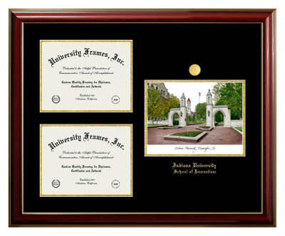 Indiana University School of Journalism Triple Opening with Campus Image Frame in Classic Mahogany with Gold Trim with Black & Gold Mats for document: 8 1/2"h x 11"w  , document: 8 1/2"h x 11"w  
