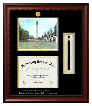 University of California Riverside Marlan and Rosemary Bourns College of Engineering Double Opening with Campus Image & Tassel Box (Stacked) Frame in Avalon Mahogany with Black & Gold Mats for document: 8 1/2"h x 11"w  