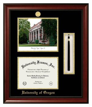 University of Oregon Double Opening with Campus Image & Tassel Box (Stacked) Frame in Avalon Mahogany with Black & Gold Mats for document: 8 1/2"h x 11"w  