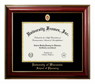 University of Wisconsin (Madison) School of Pharmacy Diploma Frame in Classic Mahogany with Gold Trim with Black & Gold Mats for document: 8 1/2"h x 11"w  