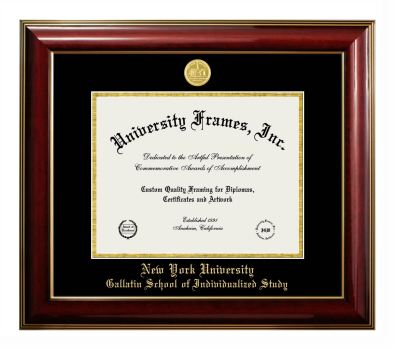 New York University Gallatin School of Individualized Study Diploma Frame in Classic Mahogany with Gold Trim with Black & Gold Mats for document: 8 1/2"h x 11"w  