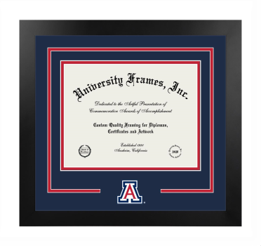 University of Arizona Logo Mat Frame in Manhattan Black with Navy Blue & Red Mats for document: 8 1/2"h x 11"w  