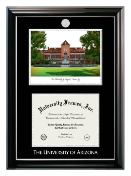 University of Arizona Double Opening with Campus Image (Stacked) Frame in Classic Ebony with Silver Trim with Black & Silver Mats for document: 8 1/2"h x 11"w  