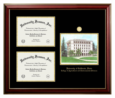 University of California Davis College of Agricultural and Environmental Sciences Triple Opening with Campus Image Frame in Classic Mahogany with Gold Trim with Black & Gold Mats for document: 8 1/2"h x 11"w  , document: 8 1/2"h x 11"w  