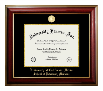 University of California Davis School of Veterinary Medicine Diploma Frame in Classic Mahogany with Gold Trim with Black & Gold Mats for document: 8 1/2"h x 11"w  