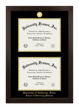 University of California Davis School of Veterinary Medicine Double Diploma Frame in Manhattan Espresso with Black & Gold Mats for document: 8 1/2"h x 11"w  , document: 8 1/2"h x 11"w  