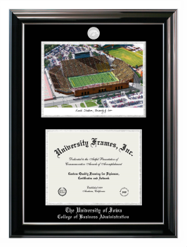 University of Iowa College of Business Administration Double Opening with Campus Image (Stacked) Frame in Classic Ebony with Silver Trim with Black & Silver Mats for document: 8 1/2"h x 11"w  