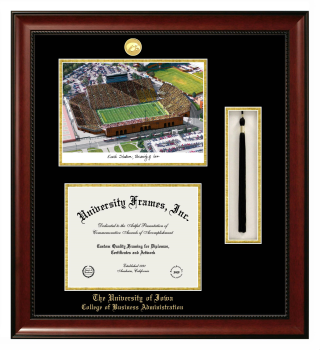 University of Iowa College of Business Administration Double Opening with Campus Image & Tassel Box (Stacked) Frame in Avalon Mahogany with Black & Gold Mats for document: 8 1/2"h x 11"w  