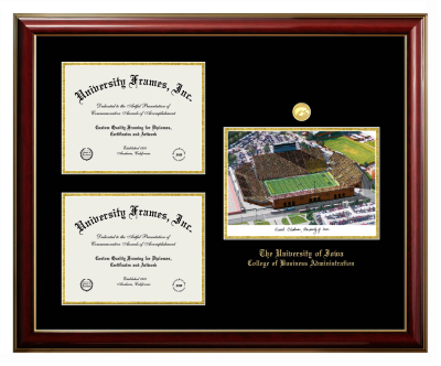 University of Iowa College of Business Administration Triple Opening with Campus Image Frame in Classic Mahogany with Gold Trim with Black & Gold Mats for document: 8 1/2"h x 11"w  , document: 8 1/2"h x 11"w  